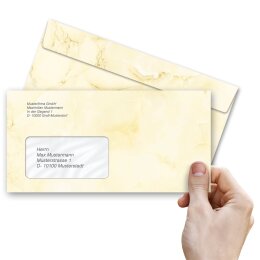 10 patterned envelopes MARBLE LIGHT YELLOW in standard DIN long format (with windows)