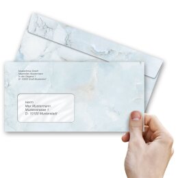 50 patterned envelopes MARBLE LIGHT BLUE in standard DIN long format (with windows)