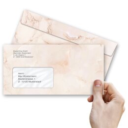 10 patterned envelopes MARBLE TERRACOTTA in standard DIN long format (with windows)