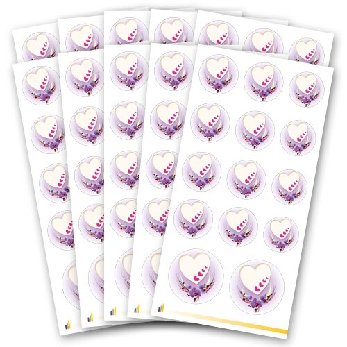 Stickerbögen HERZ MIT LILA ORCHIDEEN - 10 Bögen mit 140 Sticker