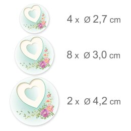 HEART WITH PEONIES Stickerbögen Decoration SIMPLE 2 sheets with 28 stickers, DIN LONG (105x210 mm), SBDL-203-2