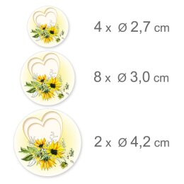 HEART WITH SUNFLOWERS Stickerbögen Flowers motif SIMPLE 2 sheets with 28 stickers, DIN LONG (105x210 mm), SBDL-205-2
