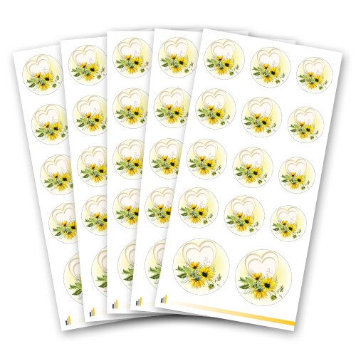 Hojas de pegatinas CORAZON CON GIRASOLES - 5 hojas con 70 pegatinas Pegatinas, Motivo de flores, Paper-Media