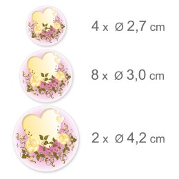 HERZ MIT GELBEN ROSEN Stickerbögen Blumenmotiv SIMPLE 2 Bögen mit 28 Sticker, DIN LANG (105x210 mm) Hoch, SBDL-206-2