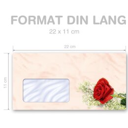 25 patterned envelopes RED ROSE in standard DIN long format (with windows)