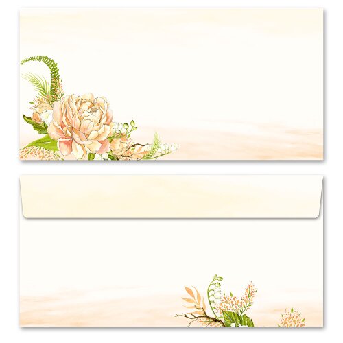 10 patterned envelopes PEONIES in standard DIN long format (windowless) Flowers & Petals, Rose motif, Paper-Media