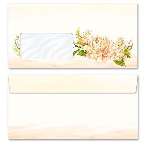 50 patterned envelopes PEONIES in standard DIN long format (with windows) Flowers & Petals, Rose motif, Paper-Media