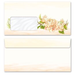 100 patterned envelopes PEONIES in standard DIN long format (with windows) Flowers & Petals, Rose motif, Paper-Media