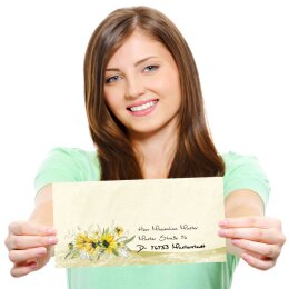 10 patterned envelopes YELLOW SUNFLOWERS in standard DIN long format (windowless)