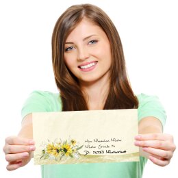 25 patterned envelopes YELLOW SUNFLOWERS in standard DIN long format (windowless)