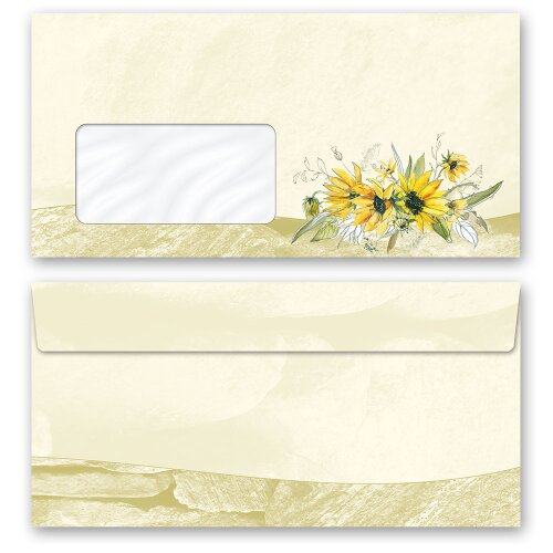 10 enveloppes à motifs au format DIN LONG - TOURNESOLS JAUNE (avec fenêtre) Fleurs & Pétales, Motif de fleurs, Paper-Media