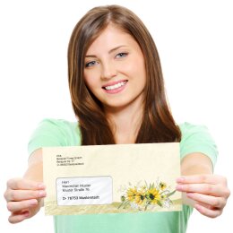 25 patterned envelopes YELLOW SUNFLOWERS in standard DIN long format (with windows)