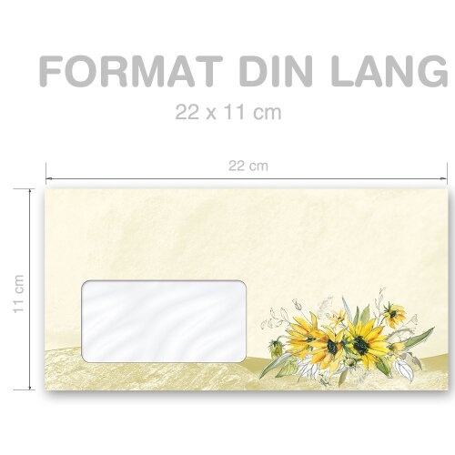 GELBE SONNENBLUMEN Briefumschläge Blumenmotiv "CLASSIC" 50 Briefumschläge (mit Fenster), DIN LANG (220x110 mm), DLMF-8363-50