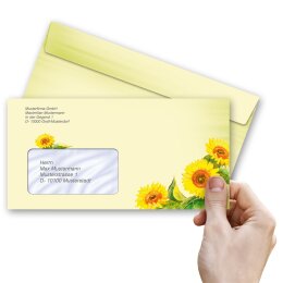 25 patterned envelopes SUNFLOWERS in standard DIN long format (with windows)