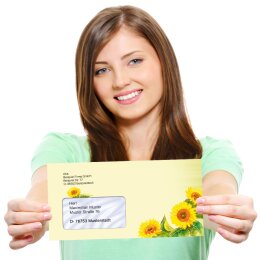 25 patterned envelopes SUNFLOWERS in standard DIN long format (with windows)