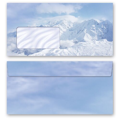 25 patterned envelopes MOUNTAINS IN THE SNOW in standard DIN long format (with windows)