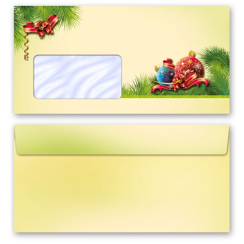 25 patterned envelopes CHRISTMAS DECORATIONS in standard DIN long format (with windows)
