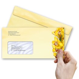 25 patterned envelopes YELLOW ORCHIDS in standard DIN long format (with windows)
