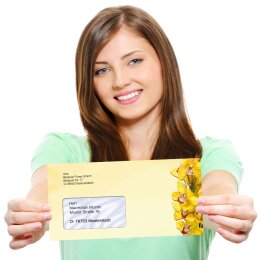 25 patterned envelopes YELLOW ORCHIDS in standard DIN long format (with windows)