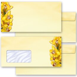 25 patterned envelopes YELLOW ORCHIDS in standard DIN long format (with windows)