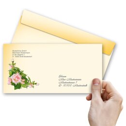 25 patterned envelopes PINK ROSES in standard DIN long format (windowless)