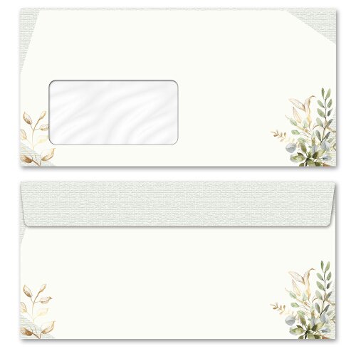 10 patterned envelopes GREEN BRANCHES in standard DIN long format (with windows) Flowers & Petals, Flowers motif, Paper-Media