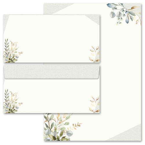 200-pc. Complete Motif Letter Paper-Set GREEN BRANCHES Flowers & Petals, Stationery with envelope, Paper-Media