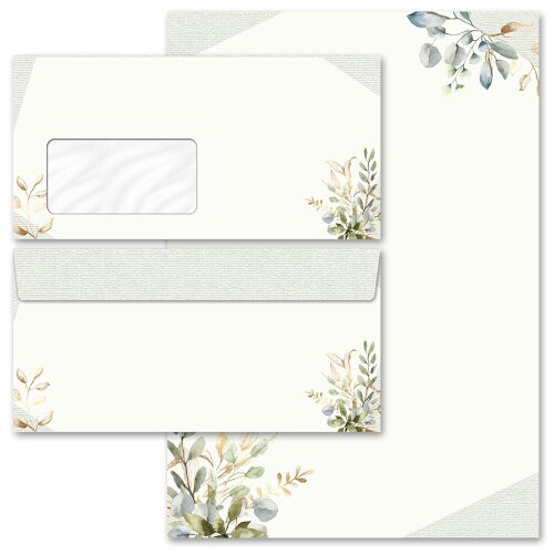 40-pc. Complete Motif Letter Paper-Set GREEN BRANCHES Flowers & Petals, Stationery with envelope, Paper-Media