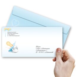 25 patterned envelopes BABY PACIFIER (BLUE) in standard DIN long format (windowless)