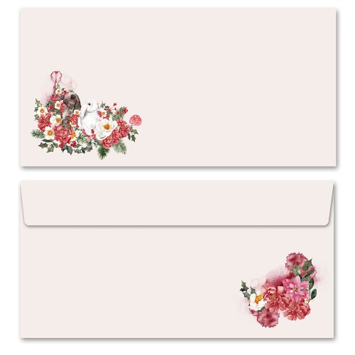 10 patterned envelopes FLOWER BUNNIES in standard DIN long format (windowless) Flowers & Petals, Animals Spring motif Paper-Media
