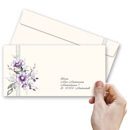 10 enveloppes à motifs au format DIN LONG - FLEURS POURPRES (sans fenêtre)