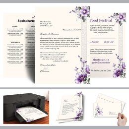 10 enveloppes à motifs au format DIN LONG - FLEURS POURPRES (sans fenêtre)