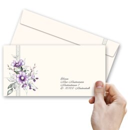 25 patterned envelopes PURPLE FLOWERS in standard DIN long format (windowless)