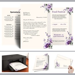 20-pc. Complete Motif Letter Paper-Set PURPLE FLOWERS