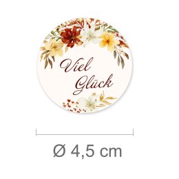 50 autocollants VIEL GLÜCK - Motif de fleurs Rond Ø 4,5 cm 90 µm film adhésif blanc mat, Félicitations Occasions Spéciales | Paper-Media