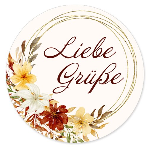 50 stickers LIEBE GRÜßE - Flowers motif Round Ø 4,5 cm 90 µm adhesive film white matt, Greetings Special Occasions | Paper-Media