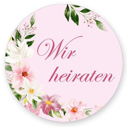 50 stickers WIR HEIRATEN - Flowers motif Round Ø 4,5 cm Special Occasions, Flowers motif, Paper-Media