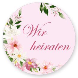 50 Aufkleber WIR HEIRATEN - Blumenmotiv Rund Ø 4,5...