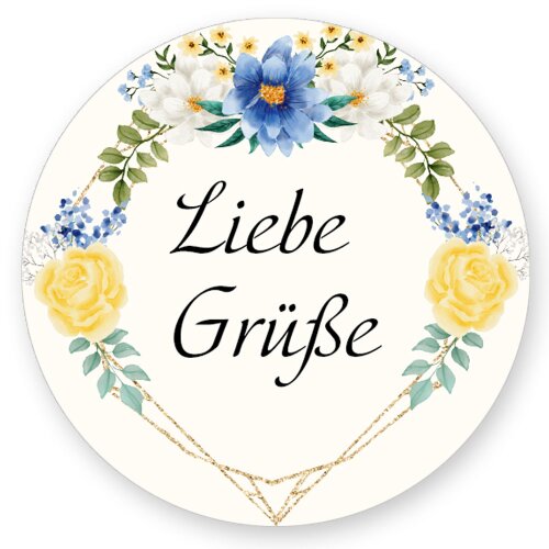 50 stickers LIEBE GRÜßE - Flowers motif Round Ø 4,5 cm Special Occasions, Flowers motif, Paper-Media