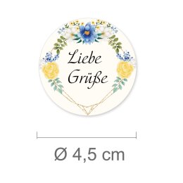 50 pegatinas LIEBE GRÜßE - Motivo de flores Redondo Ø 4,5 cm Película adhesiva de 90 µm blanco mate, Saludos Ocasiones especiales | Paper-Media