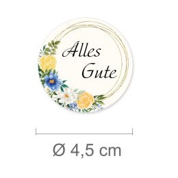 50 stickers ALLES GUTE - Flowers motif Round Ø 4,5 cm 90 µm adhesive film white matt, Congratulations Special Occasions | Paper-Media