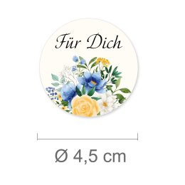 50 stickers FÜR DICH - Flowers motif Round Ø 4,5 cm 90 µm adhesive film white matt, Gift Special Occasions | Paper-Media