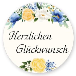 50 Aufkleber HERZLICHEN GLÜCKWUNSCH - Blumenmotiv Rund Ø 4,5 cm Besondere Anlässe, Blumenmotiv, Paper-Media