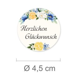 50 autocollants HERZLICHEN GLÜCKWUNSCH - Motif de fleurs Rond Ø 4,5 cm 90 µm film adhésif blanc mat, Félicitations Occasions Spéciales | Paper-Media
