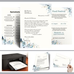Briefpapier Set BLAUE BLUMEN - 40-tlg. DL (ohne Fenster)