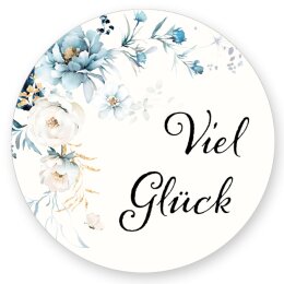 50 Aufkleber VIEL GLÜCK - Blumenmotiv Rund Ø...