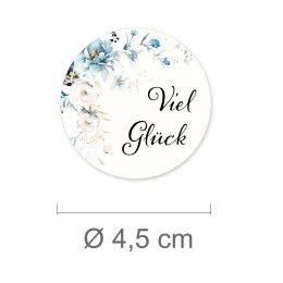 50 autocollants VIEL GLÜCK - Motif de fleurs Rond Ø 4,5 cm 90 µm film adhésif blanc mat, Félicitations Occasions Spéciales | Paper-Media