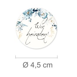50 Aufkleber WIR HEIRATEN - Blumenmotiv Rund Ø 4,5 cm 90 µm Haftfolie weiß matt, Hochzeit Besondere Anlässe | Paper-Media