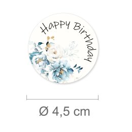 50 adesivi HAPPY BIRTHDAY - Motivo Fiori Rotondo Ø 4,5 cm Pellicola adesiva 90 µm bianco opaco, Compleanno Occasioni speciali | Paper-Media