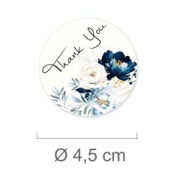 50 Aufkleber THANK YOU - Blumenmotiv Rund Ø 4,5 cm 90 µm Haftfolie weiß matt, Danksagung Besondere Anlässe | Paper-Media
